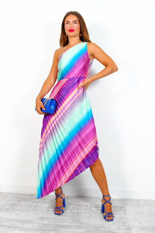 Stay Classy - Multi Pastel Ombre One Shoulder Midi Dress