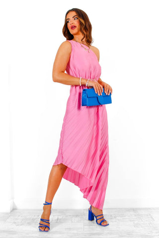 Stay Classy - Pink One Shoulder Satin Pleated Midi Dress