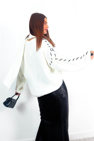 Stitch You Up - Cream Black Stitch Jumper With Scarf