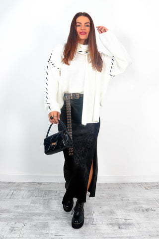 Stitch You Up - Cream Black Stitch Jumper With Scarf