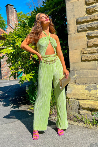 Stop Right There - Green Halter Neck Plisse Jumpsuit