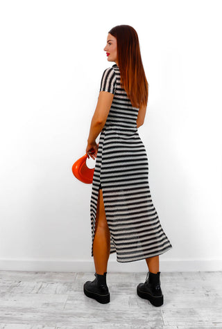 Stripe It Lucky - Black White Striped Midi Dress