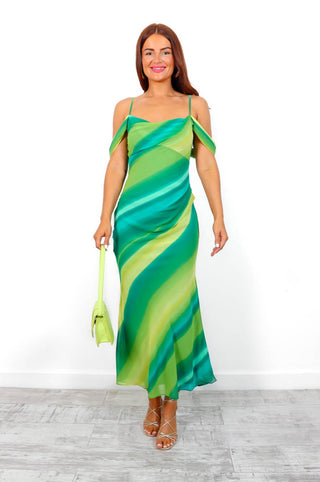 Sunset Star - Green Olive Stripe Bardot Midi Dress