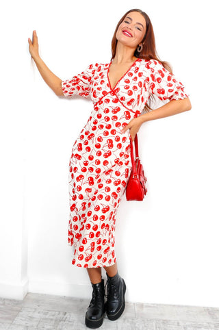 Sweet Like Cherries - Cream Red Print Midi Dress