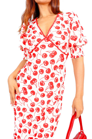 Sweet Like Cherries - Cream Red Print Midi Dress