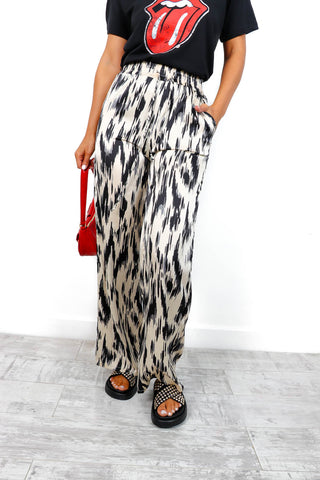 Take A Print - Cream Black Printed Wide Leg Trousers