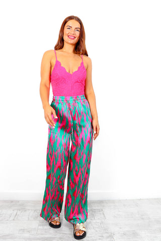 Take A Print - Green Pink Printed Wide Leg Trousers