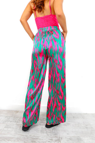 Take A Print - Green Pink Printed Wide Leg Trousers