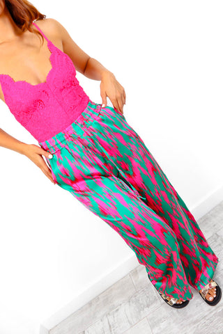 Take A Print - Green Pink Printed Wide Leg Trousers