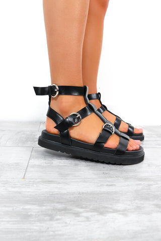 Take A Step - Black Faux Leather Gladiator Sandals