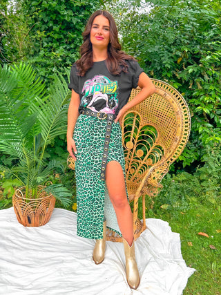 Take Split Easy - Green Leopard Print Midi Skirt