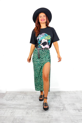 Take Split Easy - Green Leopard Print Midi Skirt