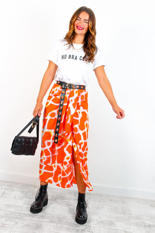 Tame Me - Orange Animal Print Gathered Midi SkirtTame Me - Orange Animal Print Gathered Midi Skirt