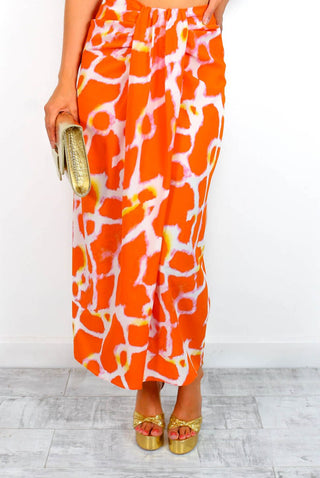 Tame Me - Orange Animal Print Gathered Midi Skirt