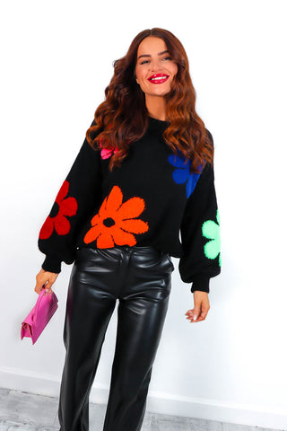 The Flower Of Love - Black Multi Floral Knitted Jumper