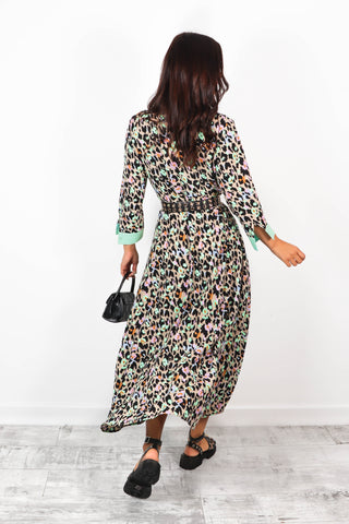 The Girl Is Wild - Beige Multi Mint Midi Shirt Dress