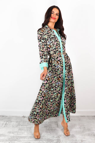 The Girl Is Wild - Beige Multi Mint Midi Shirt Dress