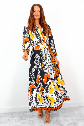 The Girl Is Wild - Black Brown Abstract Floral Print Midi Dress