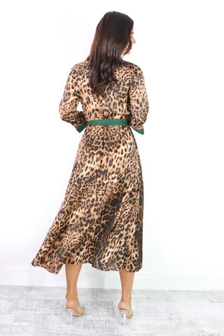 The Girl Is Wild - Forest Beige Leopard Print Midi Shirt Dress