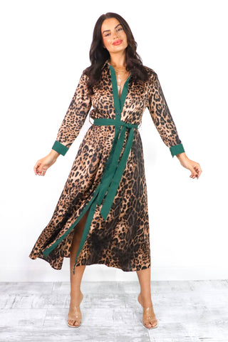 The Girl Is Wild - Forest Beige Leopard Print Midi Shirt Dress