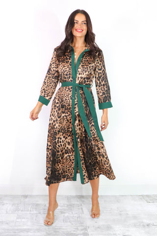 The Girl Is Wild - Forest Beige Leopard Print Midi Shirt Dress