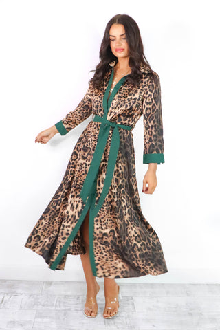 The Girl Is Wild - Forest Beige Leopard Print Midi Shirt Dress