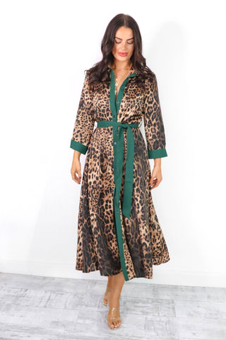 The Girl Is Wild - Forest Beige Leopard Print Midi Shirt Dress