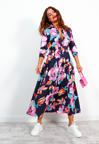 The Girl Is Wild - Navy Multi Floral Print Midi Shirt Dress