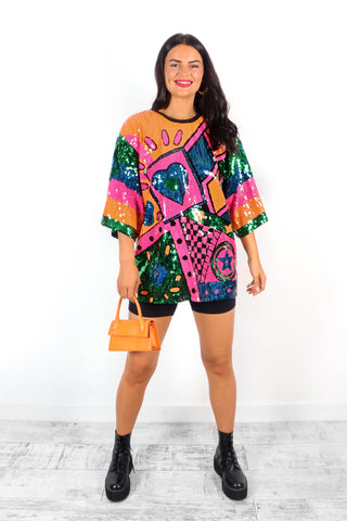 The Main Character - Orange Pink Sequin T-Shirt Dress