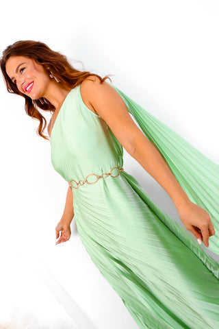 The One For You - Sage One Shoulder Pleated Midi Dress