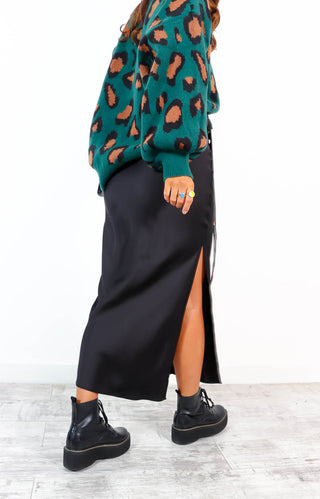 The Only One - Black Satin Midi Split Skirt
