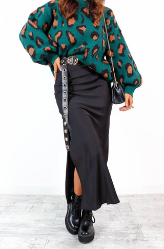 The Only One - Black Satin Midi Split Skirt