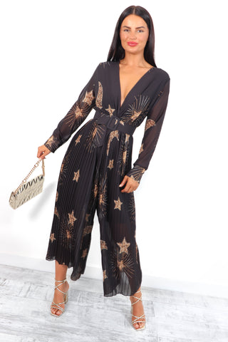 The Pleat Is On - Black Gold Celestial Pleated Jumpsuit