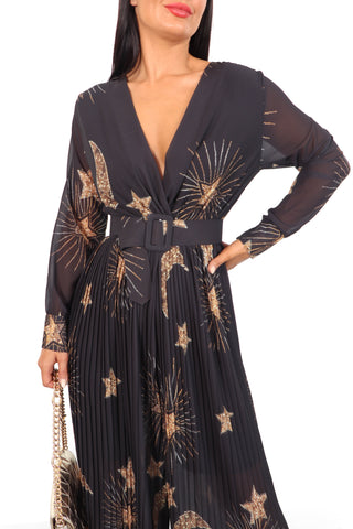 The Pleat Is On - Black Gold Celestial Pleated Jumpsuit