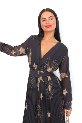 The Pleat Is On - Black Gold Celestial Pleated Jumpsuit