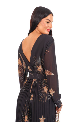 The Pleat Is On - Black Gold Celestial Pleated Jumpsuit