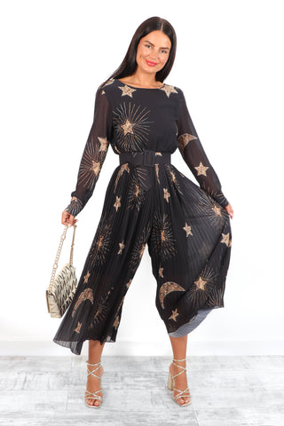 The Pleat Is On - Black Gold Celestial Pleated Jumpsuit