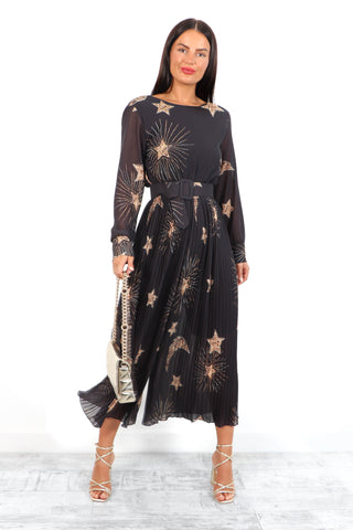 The Pleat Is On - Black Gold Celestial Pleated Jumpsuit