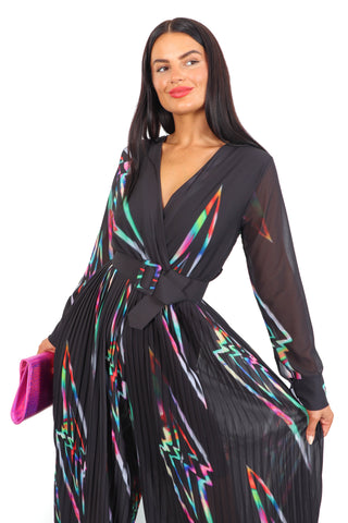 The Pleat Is On - Black Multi Lightning Pleated Jumpsuit