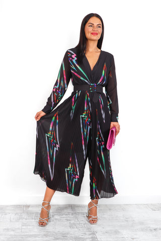 The Pleat Is On - Black Multi Lightning Pleated Jumpsuit