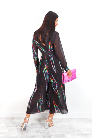 The Pleat Is On - Black Multi Lightning Pleated Jumpsuit