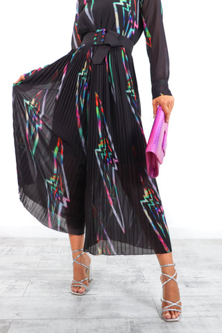 The Pleat Is On - Black Multi Lightning Pleated Jumpsuit