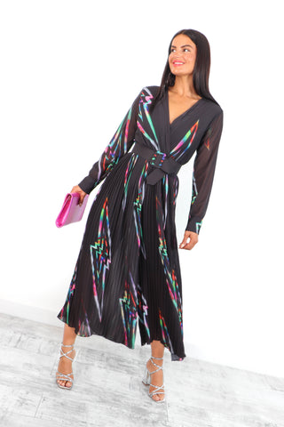 The Pleat Is On - Black Multi Lightning Pleated Jumpsuit