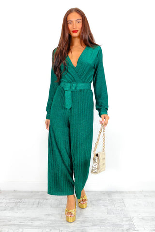 The Pleat Is On - Forest Glitter Pleated Jumpsuit