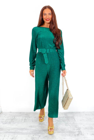 The Pleat Is On - Forest Glitter Pleated Jumpsuit