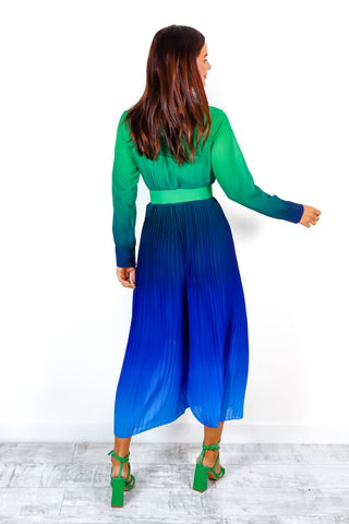 The Pleat Is On - Green Navy Ombre Pleated Jumpsuit