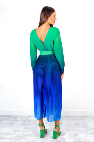 The Pleat Is On - Green Navy Ombre Pleated Jumpsuit