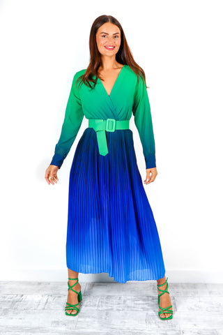 The Pleat Is On - Green Navy Ombre Pleated Jumpsuit