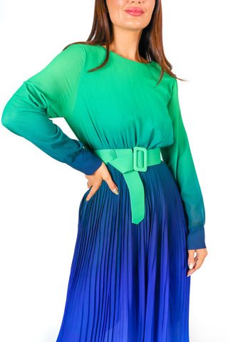 The Pleat Is On - Green Navy Ombre Pleated Jumpsuit