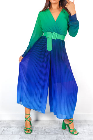 The Pleat Is On - Green Navy Ombre Pleated Jumpsuit